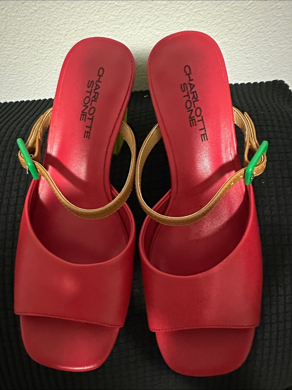 Charlotte Stone Red Open-Toe Slide Sandals with Tan Strap and Green Buckle - Picture 2 of 7